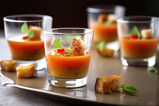 Porção de gaspacho guarnecido com croutons e fio de azeite