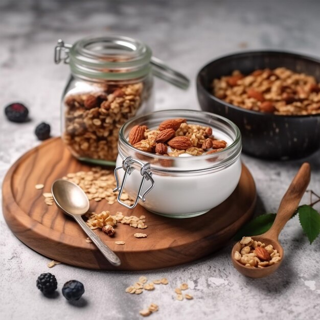 Foto porção de granola saudável com iogurte