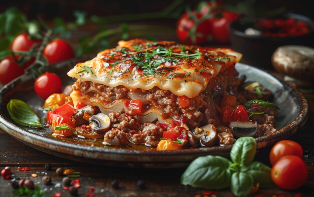 Porção de saborosa lasanha de carne picante com queijo derretido servida em prato rústico com manjericão fresco e tomates