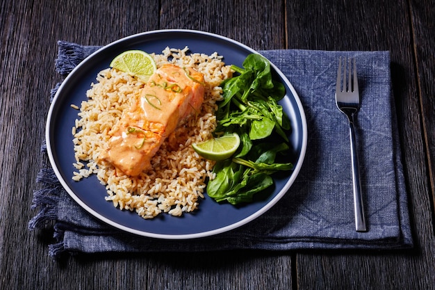 Porção de Salmão cozido com arroz e verduras