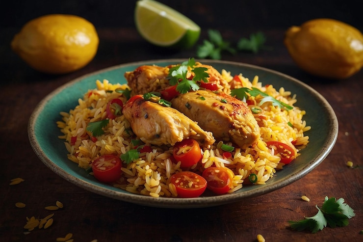 Foto porção generosa de arroz com frango