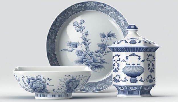 Porcelana chinesa requintada em fundo branco com detalhes intrincados