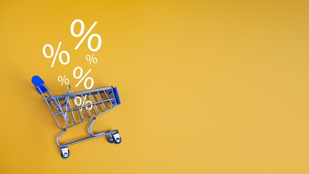 Porcentaje de ventas que cae en el coche de compras en fondo amarillo Concepto de compras en línea