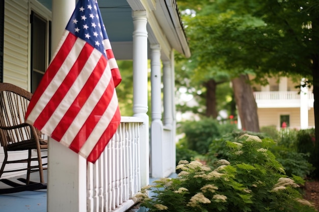 El porche de la casa con la bandera de los Estados Unidos en el frente irradia sentido de patriotismo y orgullo