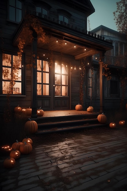 Porche de la casa decorado con calabazas para Halloween