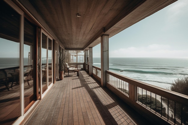 Un porche de madera con vista al mar.