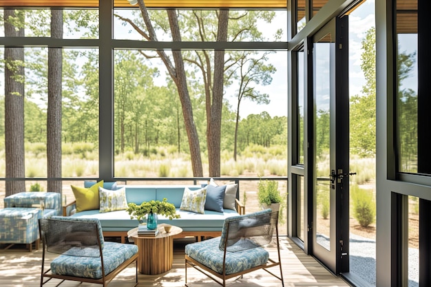 Con un porche con mosquitero contemporáneo y muebles de jardín y bosques veraniegos en la distancia