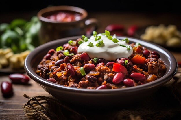 Foto una porción de chile vegano cubierto con crema agria de anacardos