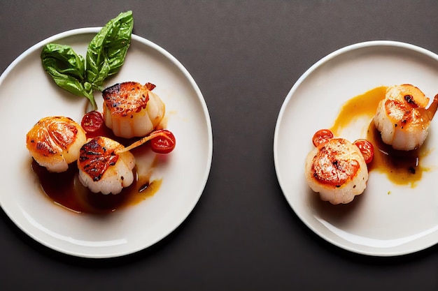 Porción de delicadas vieiras doradas en un plato sobre fondo oscuro