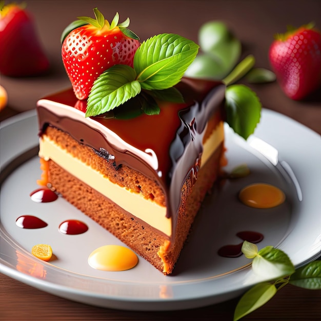 Porción de delicioso pastel de chocolate dulce primer plano de un delicioso postre fresco decorado con frescos f