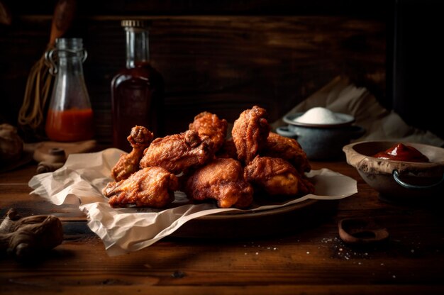 Porción de delicioso pollo frito empanado crujiente en una mesa rústica de madera generada por IA