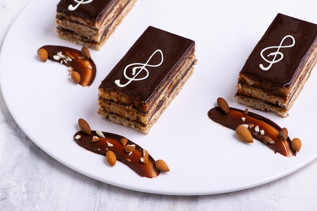 Porción de deliciosos trozos de pastel de chocolate en un plato blanco