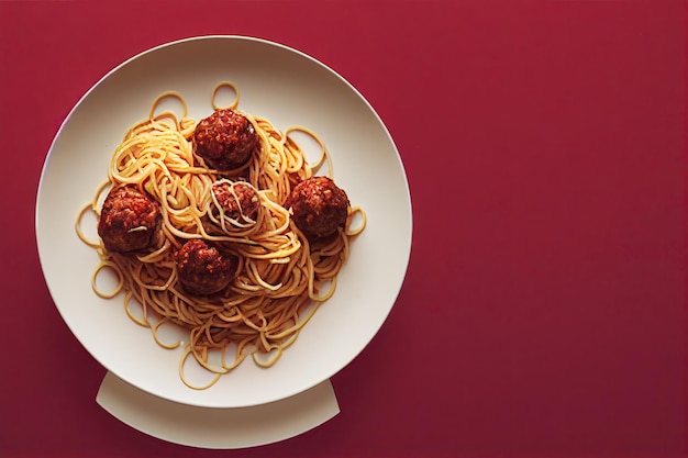 Porción de espaguetis italianos y albóndigas en plato blanco sobre fondo marrón