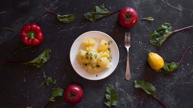 Porción de papas con verduras alrededor sobre un fondo oscuro Fondo con comida