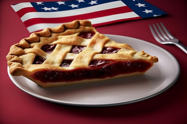 Porción de pastel americano con frambuesa y bandera de los Estados Unidos Día de la Independencia Patriótica IA generativa