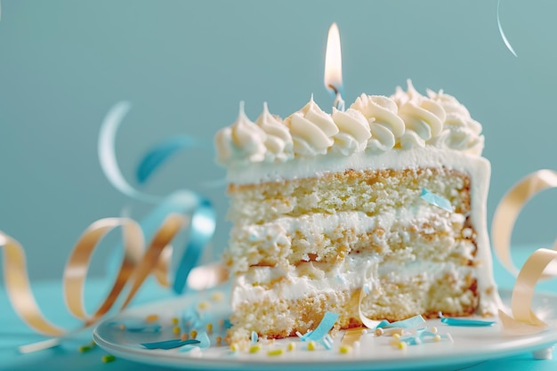 Porción de pastel de cumpleaños con una vela encendida y cintas sobre un fondo azul