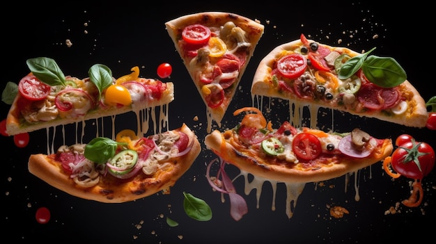 Una porción de pizza con diferentes ingredientes y la palabra pizza en ella