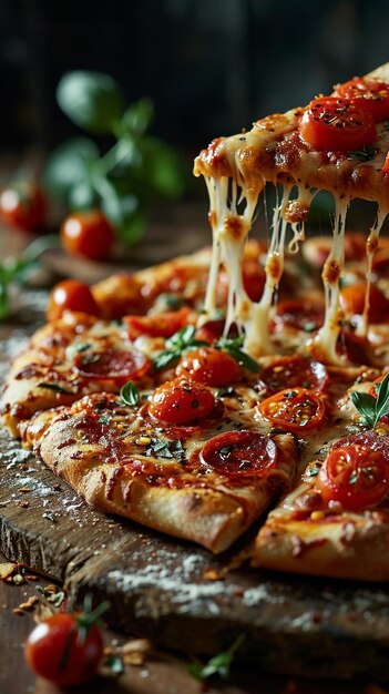 una porción de pizza levantada de una tabla de cortar de madera