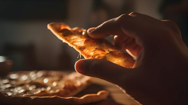 Porción de pizza sostenida en la mano