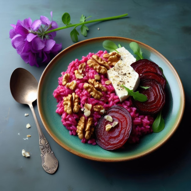 Una porción de risotto de remolacha con queso de cabra y nueces