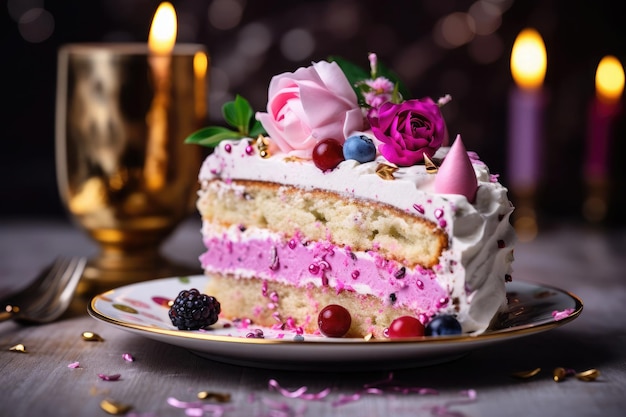 Una porción de un sabroso pastel de cumpleaños con hielo con un diseño decorado y colores pastel