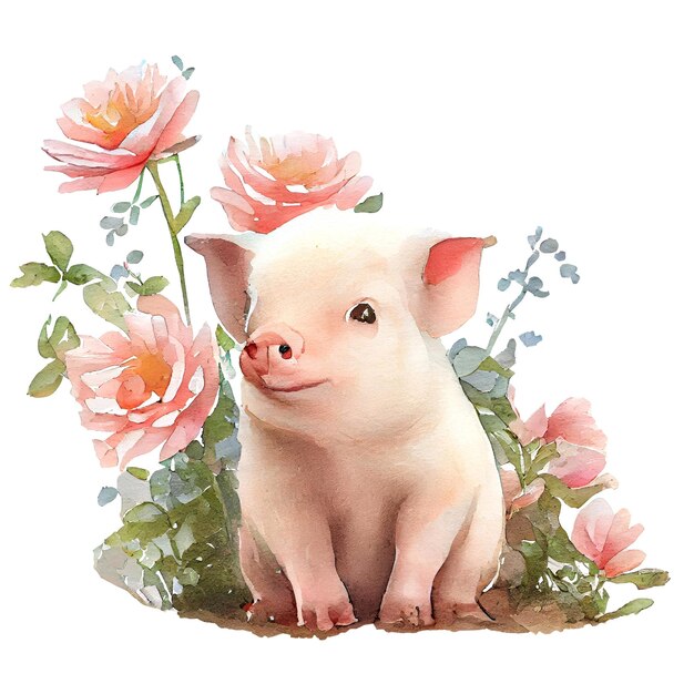 Porco bonito com flores cor-de-rosa aquarela Ilustração isolada em branco IA generativa