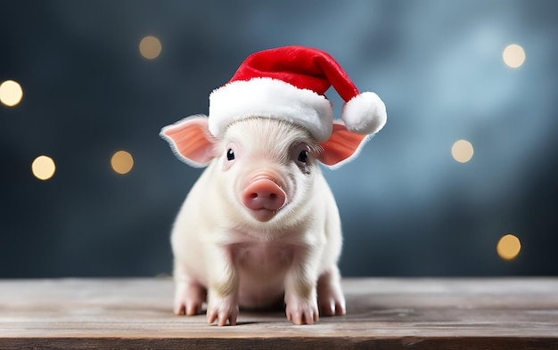 Porco bonito e engraçado com traje de Papai Noel Fundo animal de Natal com espaço de cópia