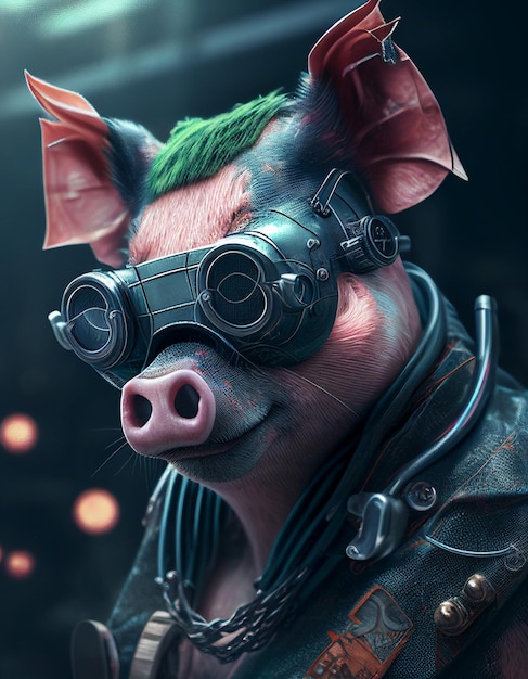 Porco Cyberpunk com acessórios de aço