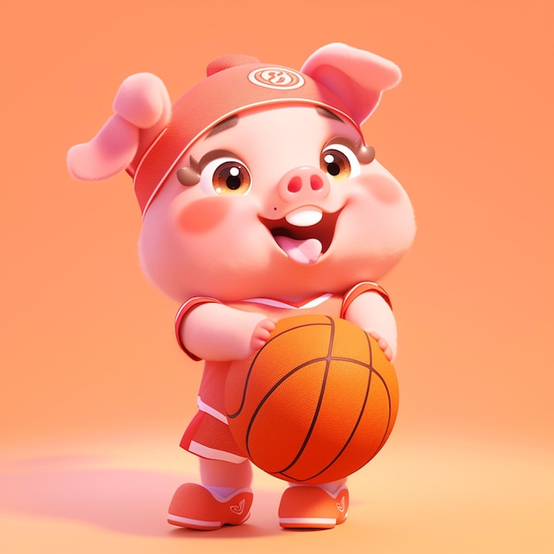 porco de desenho animado com uma bola de basquete nas mãos ai generativa