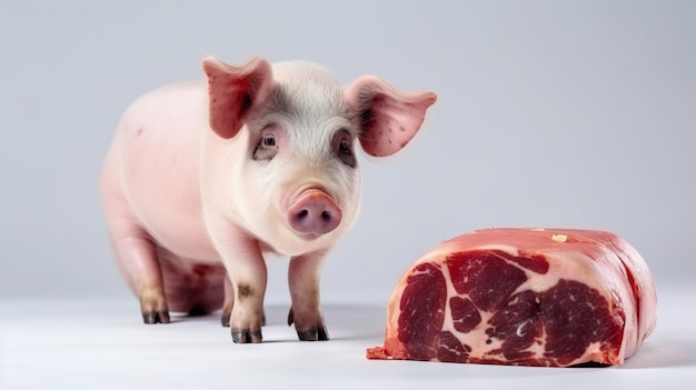 Porco doméstico vivo ao lado de um pedaço de carne crua fresca isolado de fundo branco AI gerado