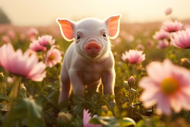 porco em um campo de flores