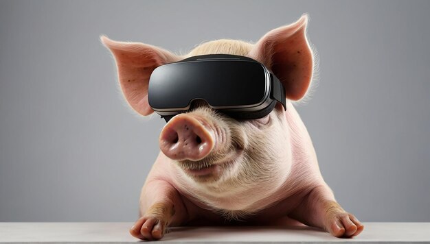 Foto porco em um fone de ouvido vr em óculos de realidade virtual em um fundo claro