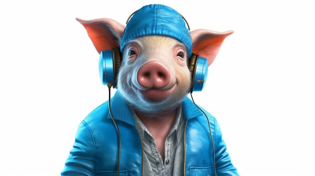Porco em uma jaqueta azul e fones de ouvido