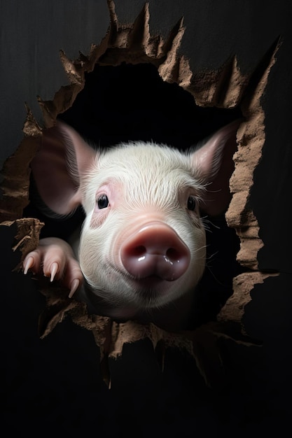 porco fofo olhando para o lado através de um buraco no estilo de retratos fotograficamente detalhados