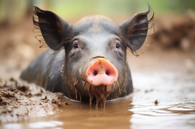 Foto porco preto completamente submerso na lama, exceto o focinho.