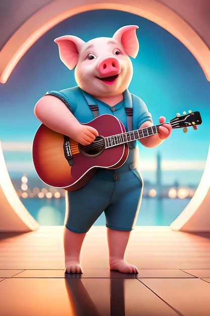 Foto porco tocando violão em uma doca