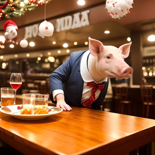 Porco vestido com terno de férias e laço sentado à mesa em um bar Animais antropomórficos IA generativa