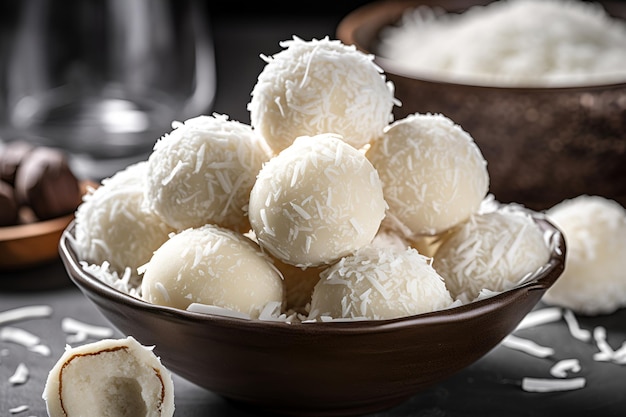 Porções de bolas de coco de chocolate branco na tigela doces polvilhados com lascas de coco