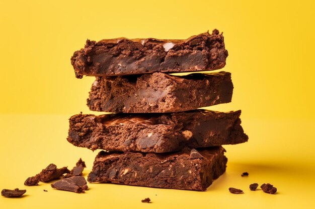 Foto porções de brownies de chocolate em fundo amarelo