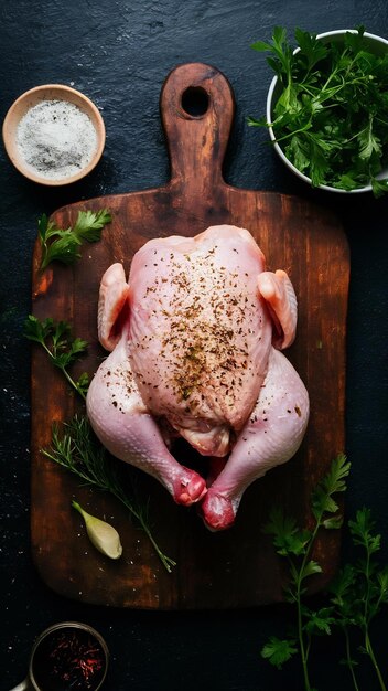 Porções de carne de frango fresca para cozinhar e fazer churrasco com temperos frescos