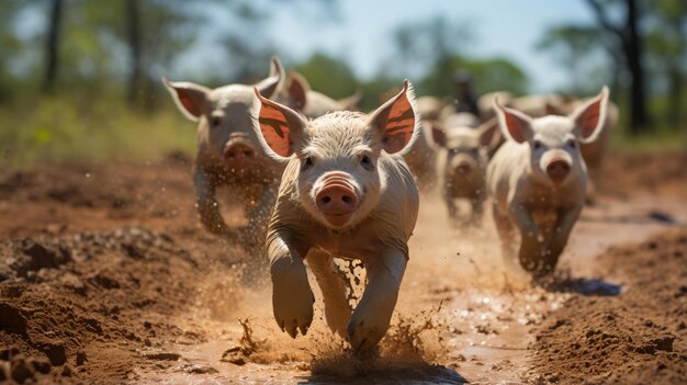 Porcos correndo em campo de lama