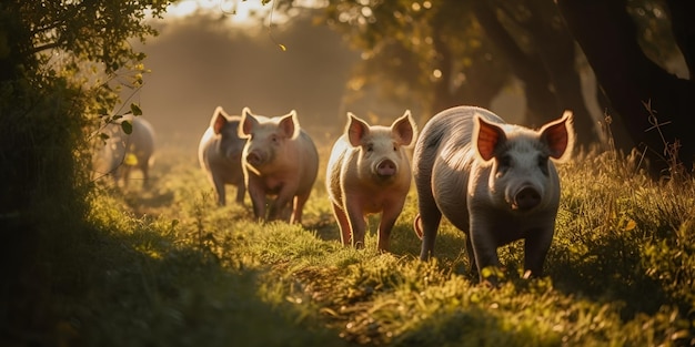 Porcos em um campo ao pôr do sol