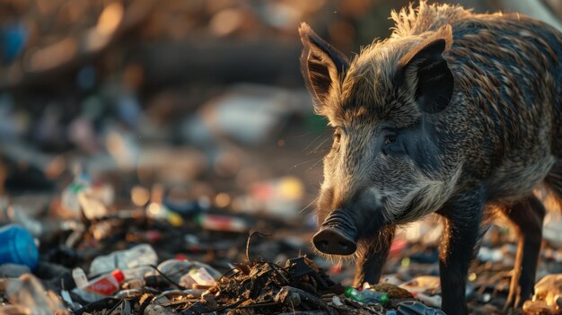 Foto porcos selvagens à procura de comida no meio dos resíduos urbanos na hora dourada