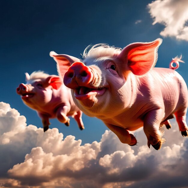 porcos voadores com asas no céu com nuvens sorrindo