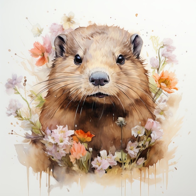 Porquinho-da-índia bonito com coroa de flores Ilustração a aquarela