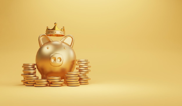 Porquinho dourado com coroa e moedas empilhadas em fundo amarelo para o conceito de investimento de economia e lucro por renderização 3d