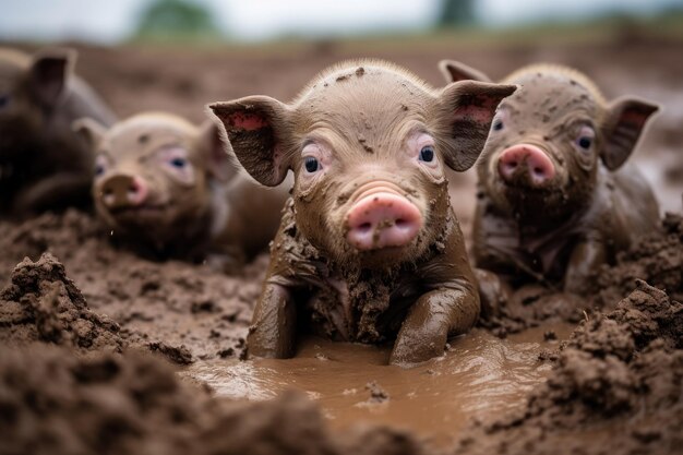 Porquinhos lamacentos brincando ao ar livre, adequados para a agricultura e a pecuária