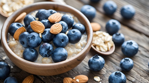 Porridge de avena con arándanos y almendras en un tazón de madera