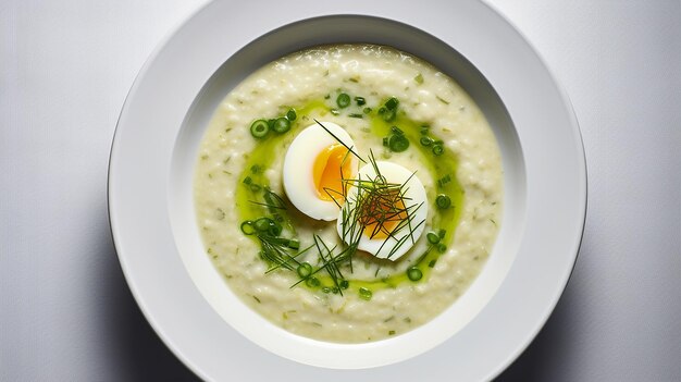 Foto porridge de alho-poró com um ovo cozido