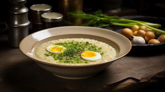 Foto porridge de puré con un huevo asado